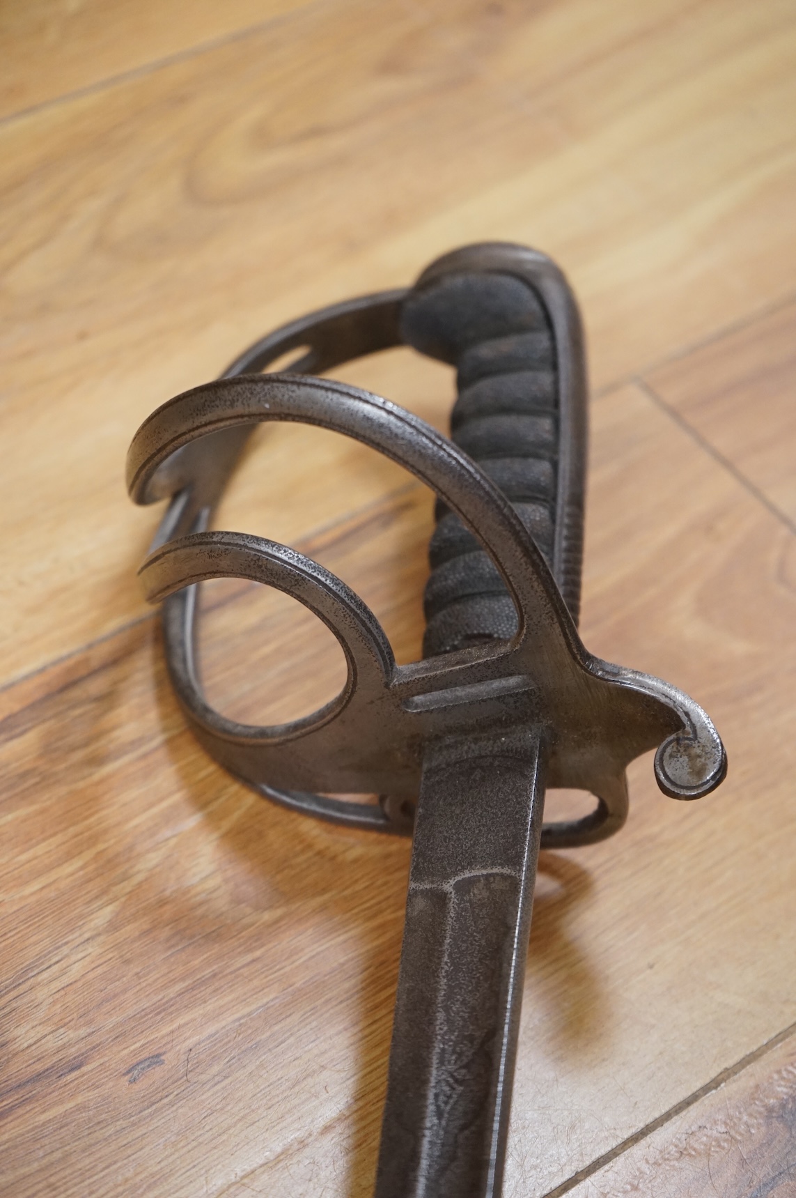 A 1796 pattern cavalry officer’s sword, blade etched J. Runkel, Solingen, regulation blade, in fair condition, grip wormed, together with an 1822 pattern sword blade, etched; Honourable Horse Artillery Company, moderatel